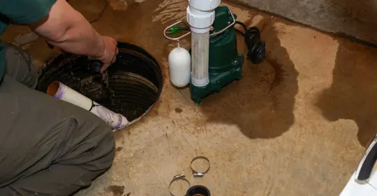 A plumber repairing a sump pump in a flooded basement