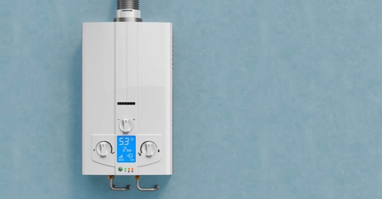 Water heater on a blue wall